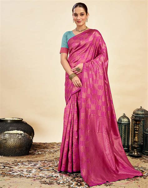 Pink Silk Blend Woven Banarasi Saree – Sudathi