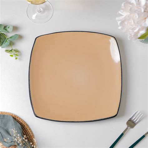 Beige Glossed Blue Rimmed Square Plate 10.5 Inch
