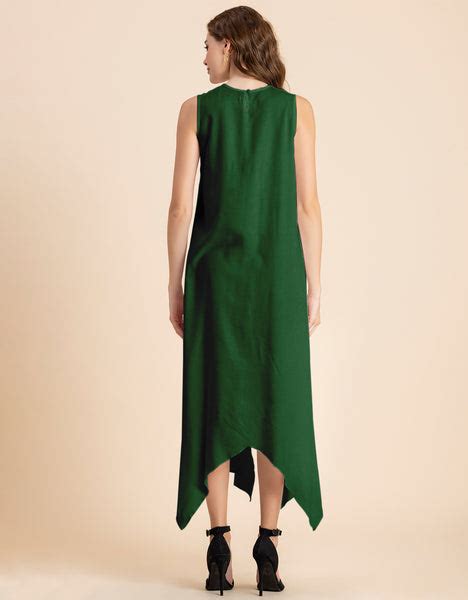 Contemporary Asymmetric Round Neck Solid Rayon Dress - Moomaya