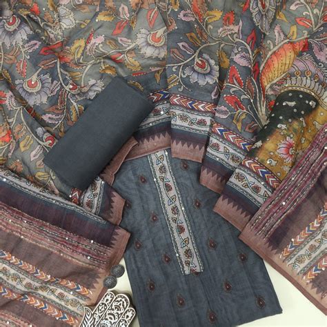 Kohinoor Fossil Grey Chanderi Top with Kantha Work Dupatta Set ...