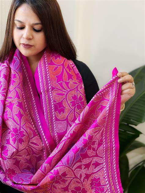 Black Handmade Reverse Nakshi Kantha Stole in Pure Silk - Masakalee