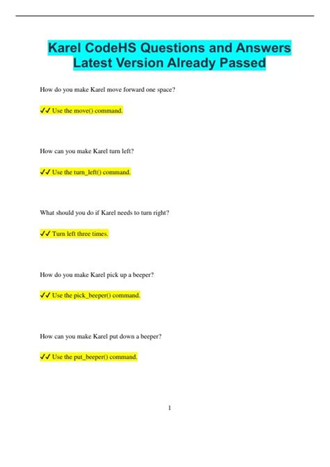 Karel CodeHS Questions and Answers Latest Version Already Passed ...