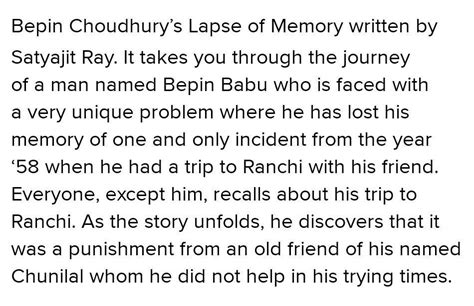 Fill in the story map for the lesson "bepin choudhury's lapse of memory ...