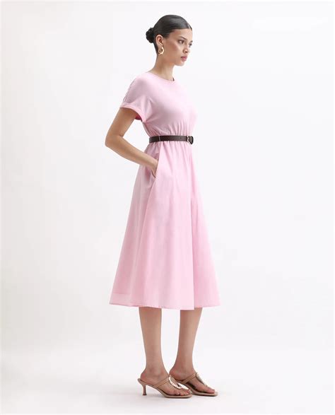 Rareism Women's Jento Pink Cotton Crew Neck Fit And Flare Dress