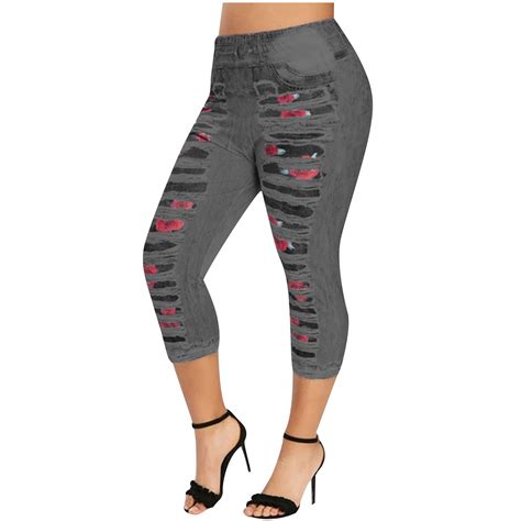 fartey Womens Plus Size Capri Yoga Pants Slim Casual Faux Denim Print 3 ...