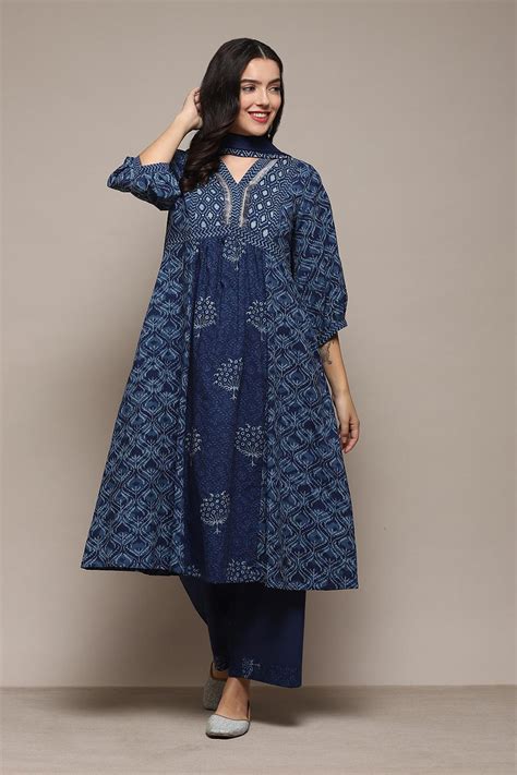 Indigo Cotton Gathered Kurta Palazzo Suit Set at Biba India