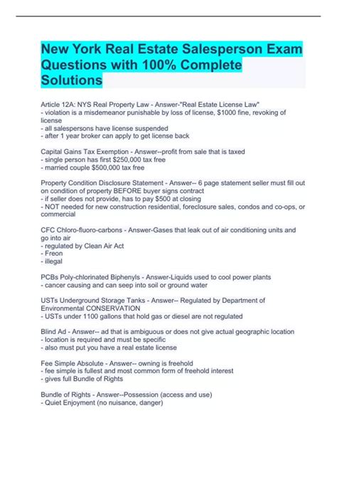New York Real Estate Salesperson Exam Questions with 100% Complete ...