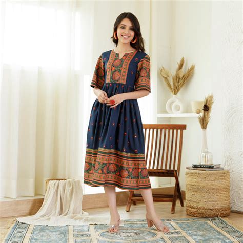 Buy Indigo Trapeze Dress with Flared Sleeves | Rustorange