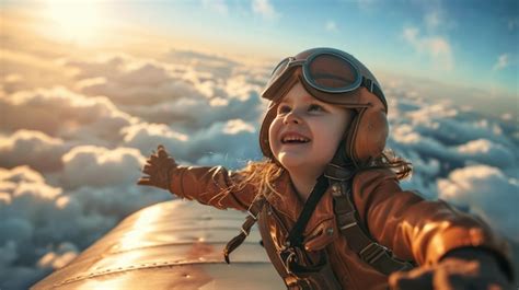 A side view of picture that has child fly into sky with aviator costume ...
