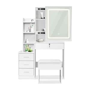 Ekkio Dressing Table, Makeup Desk with Stool and Sliding Mirror ...