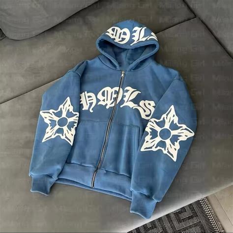 Blue and white streetwear zip-up hoodie #skater... - Depop