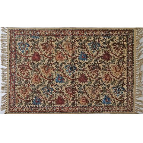 Cream and Maroon Kalamkari Dhurrie with Block Printed Floral Scroll Pa ...