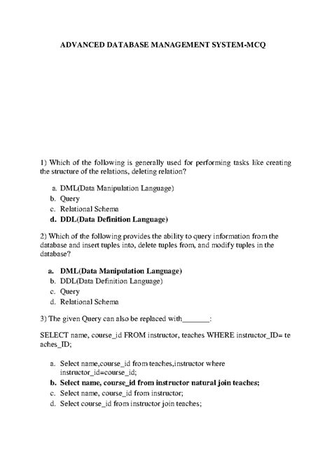 Advanced Database Management System MCQ Practice Questions - Studocu