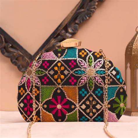 Artklim Black Base Multicolored Floral Embrodiery Clutch