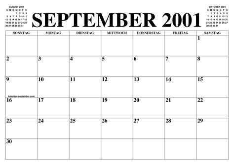 KALENDER SEPTEMBER 2001 : SEPTEMBER KALENDER ZUM AUSDRUCKEN GRATIS ...