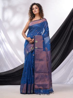 Buy CHARUKRITI Cobalt Blue Cotton Blend Handwoven Saree with Texture ...
