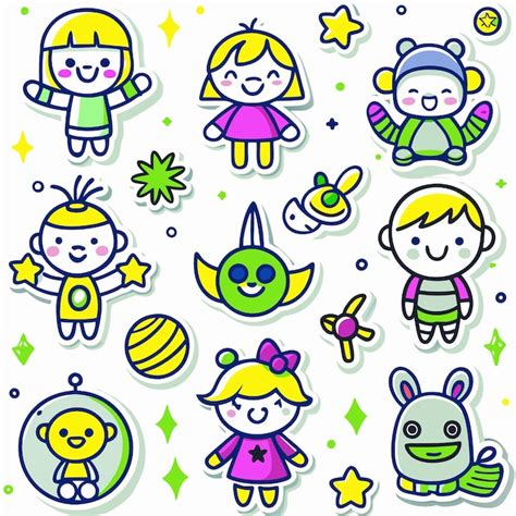 Cute cartoon characters with colorful clothes and accessories on a ...