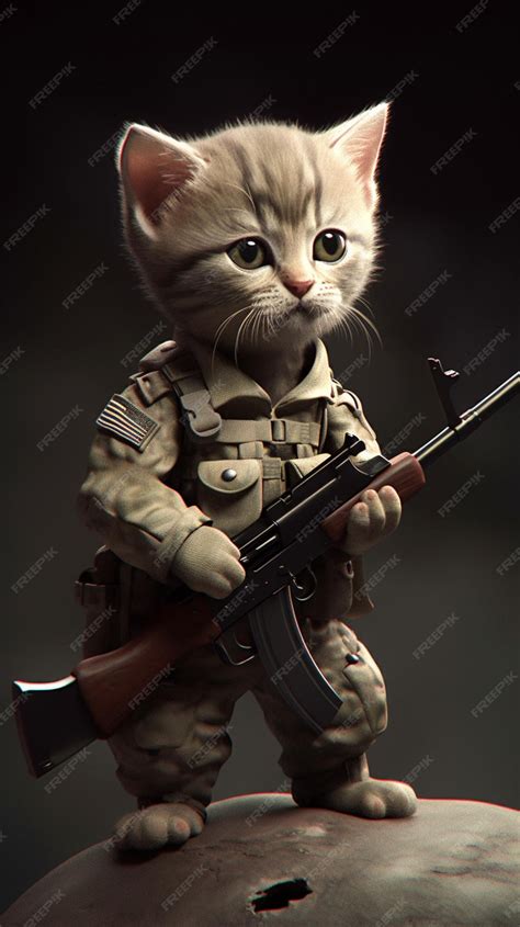 A cat with a gun is standing in a military uniform. | Premium AI ...