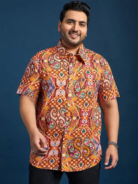 Men Plus Size Denn Self-Design Printed Orange Shirt – bigbanana