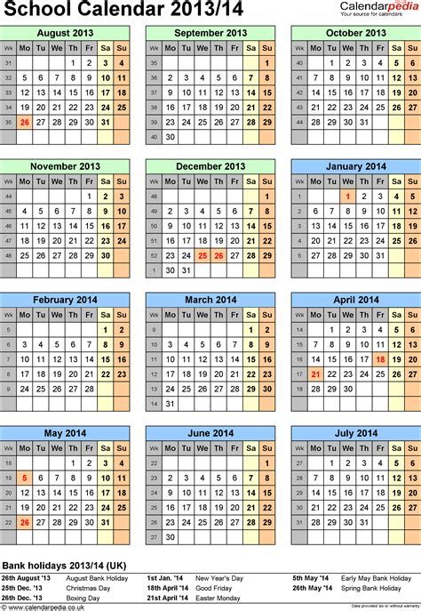 School calendars 2013/14 UK - free printable Excel templates