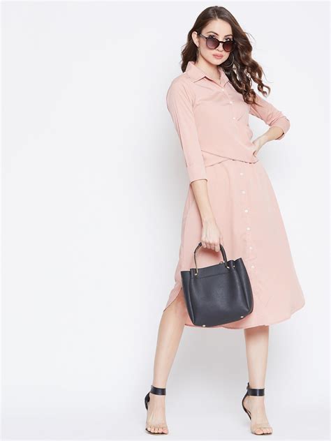 Berrylush Women Solid Pink Collared Neck Button-Up Curved Midi Shirt D