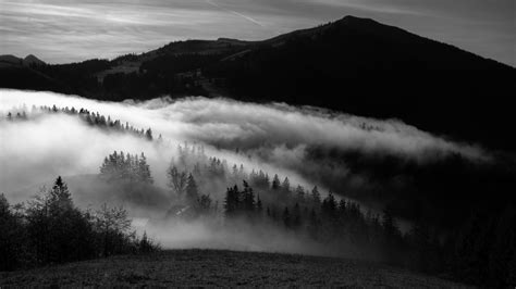 Download wallpaper 3840x2160 mountain, fog, bw, trees, hills 4k uhd 16: ...