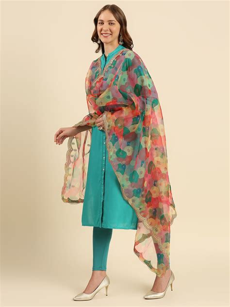 Multicolour Floral Printed Organza Dupatta with Embellished border ...