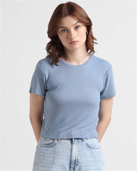 Blue Ribbed Cropped Top