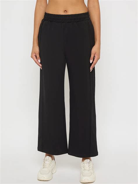 Madame Black Straight FIt Cotton Blend Track Bottoms