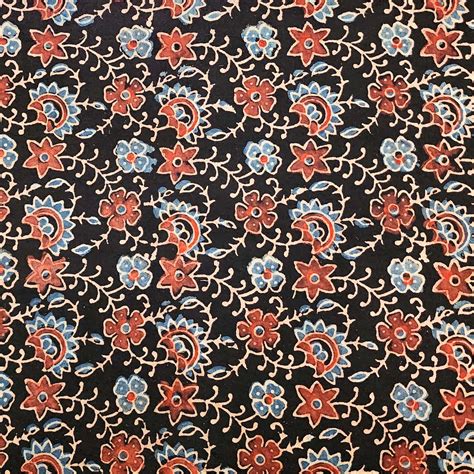 Pre Cut (1.90 Meter) Pure Cotton Ajrak Black With Blue And Rust Flower ...