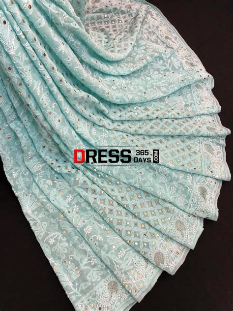 Sea Green Lucknowi Chikankari Saree with Mukaish Work – Dress365days