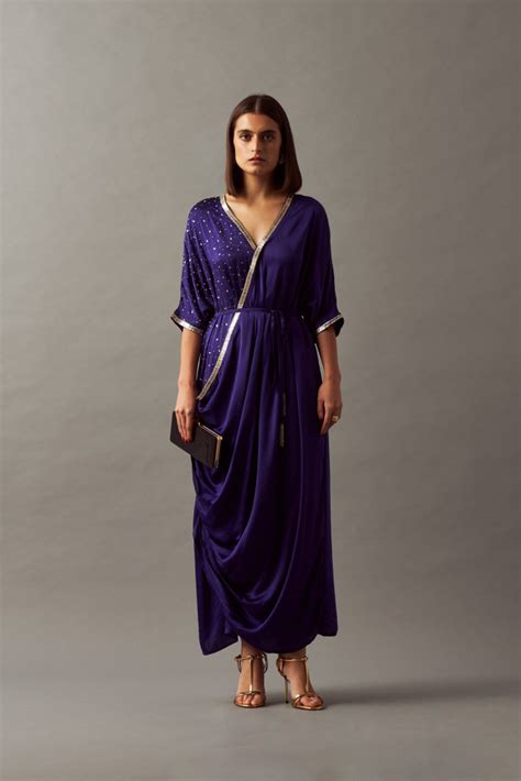 LEILA 02 INDIGO BLUE COLOR MIDI LENGTH DRAPE DRESS WITH SASH