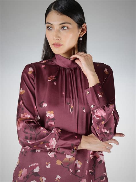 Buy Wine Satin Floral Top Online | FableStreet