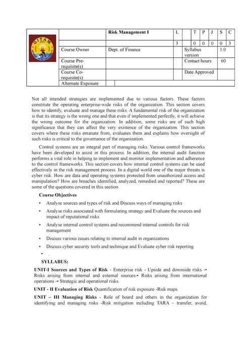 RM1 - LVKJDSNM,CBKUSDJZC GVFKHJS.KL - Risk Management I L T P J S C 3 0 ...