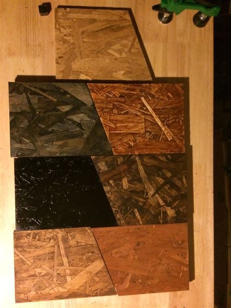 OSB Finishes: Neutral Satin Urethane, Sanded Vermont Acorn Stain