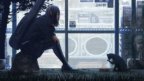 School Girl And Cat In The Rain Live Wallpaper - MoeWalls