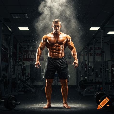 A muscular male bodybuilder poses in a dimly lit gym, showcasing his ...