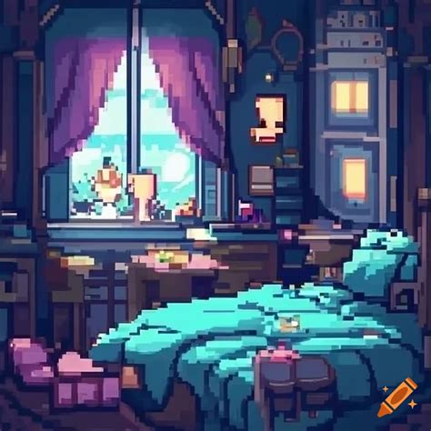 High definition inside of cozy and loving fantasy bedroom in pixel art ...