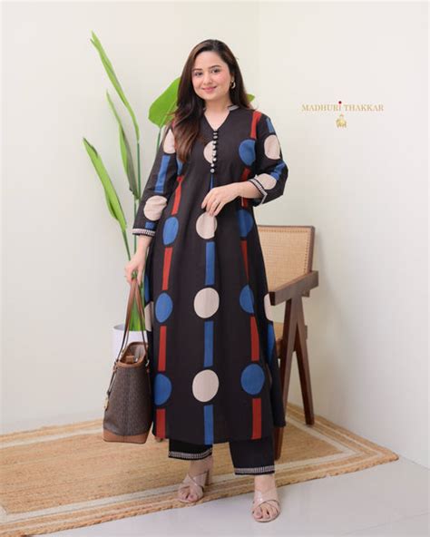 Black 2 PC Geometric Print A Line Premium Cotton Kurta Set For Women ...