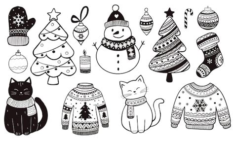 Festive winter illustrations featuring cats snowmen and holiday ...