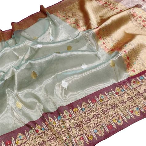 20% Off Pastel Banarasi Handloom Pure Kora Tissue Silk Meenakari Saree
