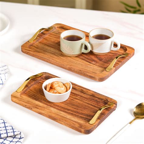 Golden Touch Rectangle Wooden Serving Tray Set Of 2 Online - Premium ...