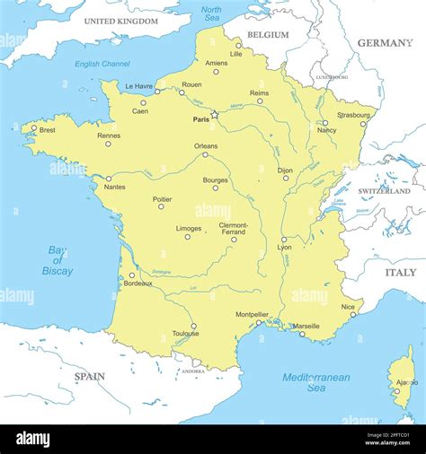 Political map of France with national borders, cities and rivers Stock ...