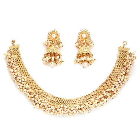 Buy ZENEME Jewellery Set Gold Plated White Pearl Temple Style Necklace ...