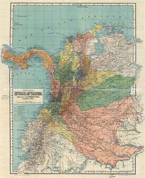 Large scale detailed old political and administrative map of Colombia with relief and other ...