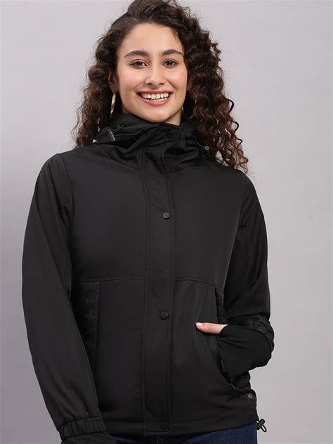 Buy Women Black Solid Hooded Full Sleeve Jacket Online in India - Monte ...