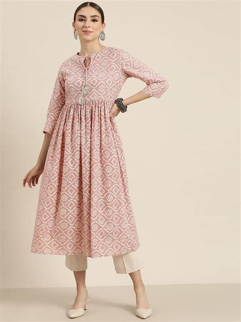 Buy Women Mauve Bandhej Gathered Kurta Online at Sassafras