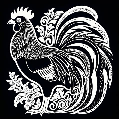 A rooster with a white pattern on it and a rooster on the bottom ...