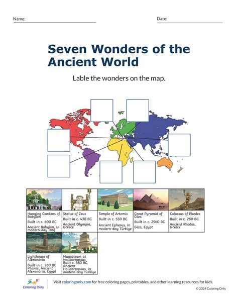 Seven Wonders of the Ancient World Free Printable Worksheet