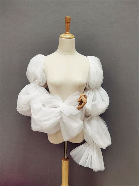 Ivory Pearls Tulle Long Puffy Bridal Sleeves/ Detachable Sleeves for Wedding Dress/ Removable ...